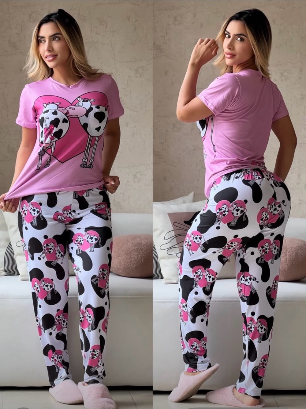 Pink Cow-Heart Straight Leg Lounge Pants Set - Women's Sleepwear